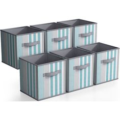 four blue and white striped storage bins