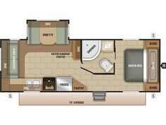 the floor plan for a travel trailer with two beds and an attached kitchen area, including a