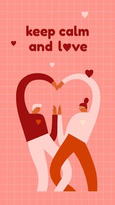 two people holding hands with the words keep calm and love above them on a pink background