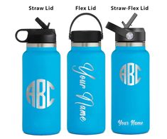 three different styles of water bottles with their names on them