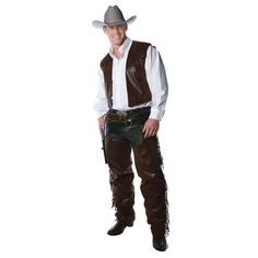 This perfect cowboy look includes faux leather chaps and a vest with fringe. The inseam of the chaps is 30 inches and fits up to waist size 40 inches and the vest fits up to 44 inches. Care Instructions: Hand wash cold water with mild soap. Tumble dry low. For best results hang or lay flat to dry. Size: One Size.  Color: Brown. Cowboy Halloween Costume, Cowboy Outfit For Men, Cowboy Halloween, Cowboy Chaps, Cowboy Vest, Men Vest, Cowboy Costume, Wilde Westen, Express Men