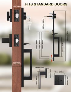 an image of a door handle with measurements for it's handles and latches