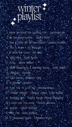 the winter playlist is written in white on a dark blue background with snow flakes