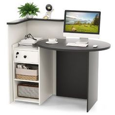 an office desk with a computer monitor and keyboard on it, next to a plant