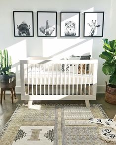 a white crib in a room with pictures on the wall