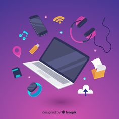 an open laptop computer surrounded by various electronic devices and gadgets on a purple background