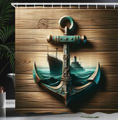 a shower curtain with an anchor and ship in the ocean on wood grained background