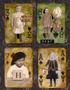 four playing cards with pictures of children in the middle one has an egg on it