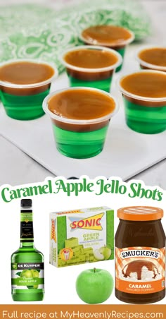 caramel apple jello shots are served in green cups with apples and cinnamon on the side