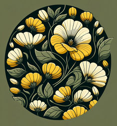 yellow flowers in a circular pattern on a dark green background with white and gray leaves