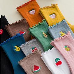 You can't resist grabbing a pair of these sweet fruit socks! Description: Thickness: StandardSocks Tube Height: Middle TubeOrigin: CN(Origin)Material: Cotton Fruit Socks, Embroidered Fruit, Frill Socks, Fruit Crafts, Kawaii Fruit, Frilly Socks, Embroidered Socks, Floral Socks, Ruffled Socks