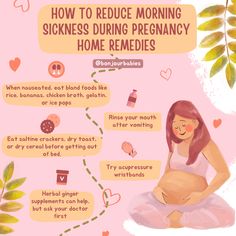 a pregnant woman sitting on her stomach with the words how to reduce morning sicknesss during pregnancy