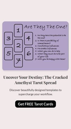 Uncover your destiny with this Cracked Amethyst Tarot spread.  Pin shows a mystical tarot reading setup.