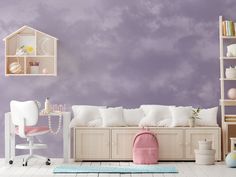 a living room with purple walls and white furniture in the corner, including a pink backpack