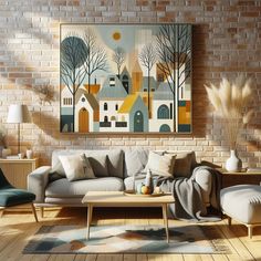 a living room filled with furniture and a painting hanging on the brick wall above it