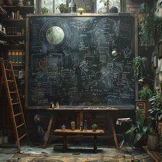 a blackboard with writing on it in a room filled with potted plants and ladders