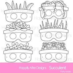 three masks with flowers and plants in them, one has the words happy after designs succulent