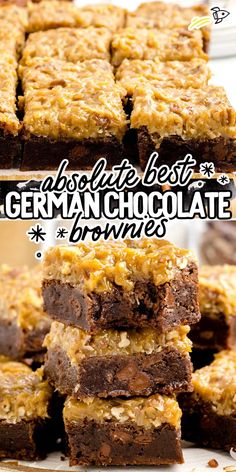 chocolate brownies stacked on top of each other with the words german chocolate above them