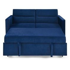 a blue couch with a pull out bed underneath it