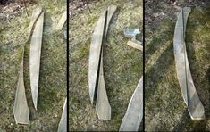 three different views of the same wooden object on the ground with grass and trees in the background