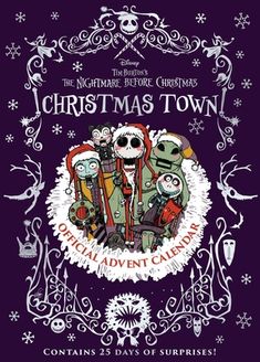 the christmas town book cover with skeletons and santa hats on it, surrounded by snowflakes