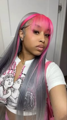 Pink And Grey Wigs For Black Women, Pink And Grey Lace Front Wig, Lace Wigs Styles Color, Gray And Pink Wig, Color Side Part Wig, Blonde And Pink Wig Black Women, Baddie Wig Colors, Shaved Side Quick Weave Hairstyles, Wig Install Color Ideas