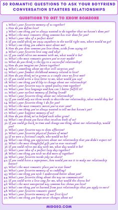 a purple and white poster with the words 50 romantic questions to ask your boyfriend