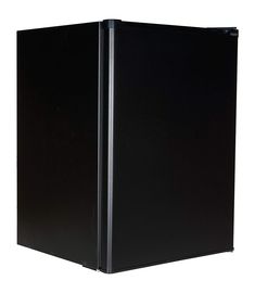 a black refrigerator freezer sitting on top of a white floor next to a wall