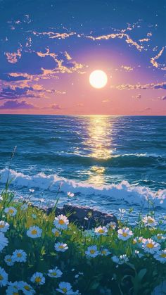 the sun is setting over the ocean with daisies