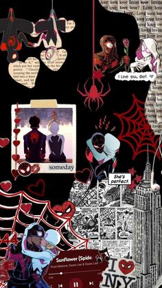 an altered collage with images and words on it, including spider - man's web