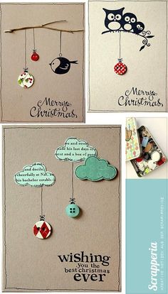 four christmas cards with cats and clouds hanging from strings, one has an owl on it's head