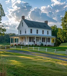 a large white house sitting on top of a lush green field