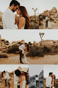 a couple kissing in the desert surrounded by rocks