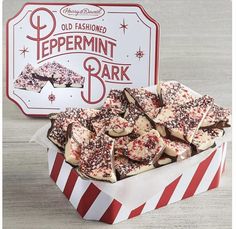 an old fashioned peppermint bark in a red and white box