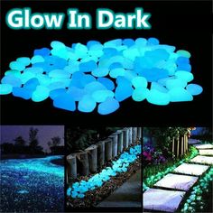 glow in the dark garden pebbles and walkways are shown at night, along with other pictures