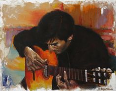 a painting of a man playing an acoustic guitar