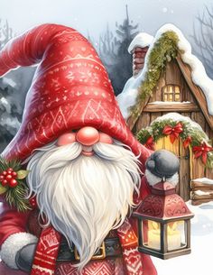 a painting of a santa claus holding a lantern in the snow with a birdhouse behind him