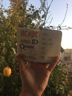 a hand holding up a movie clapper in front of some trees and an orange