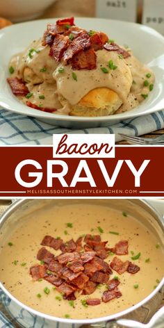 This Southern Bacon Gravy is rich, creamy, and full of smokey bacon flavor. It’s a classic Southern comfort food staple served drizzled over biscuits for breakfast and brunch or mashed potatoes and fried chicken for supper. Country Fried Pork Chops And Bacon Gravy, Breakfast Mashed Potatoes, Bacon Gravy And Biscuits, Biscuits For Breakfast, Ham Gravy, Easy Sauce Recipe