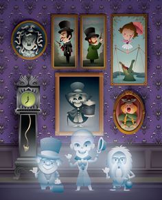 three cartoon characters are standing in front of some pictures on the wall and one is wearing a top hat