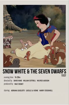 snow white and the seven dwarfs movie poster with an animated character sitting on the ground