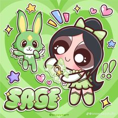 a cartoon character holding a stuffed animal in her hand and an image of a rabbit on the