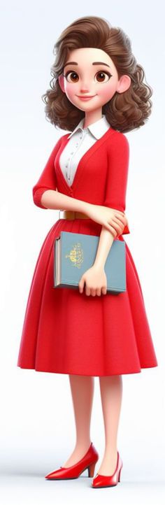 a woman in a red dress is holding a book