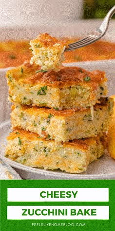 cheesy zucchini bake on a plate with a fork in it