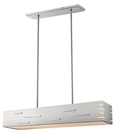 a large rectangular light fixture with three lights on each side and two bars hanging from the ceiling