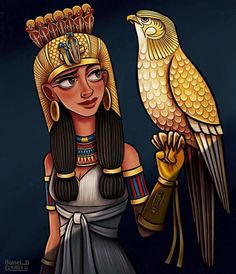 an egyptian woman holding a golden bird on her hand and wearing a headdress