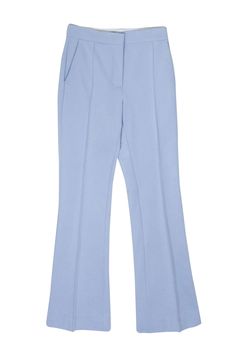 Current Boutique-Dorothee Schumacher - Powder Blue Pleated Detail High Waist Pants Sz 2 Blue Flare Pants In Elastane, Blue Flare Pants For Work, Blue Flare Pants With Elastane, Elegant Blue Flare Bottoms, Tailored Blue Wide Leg Pants For Office, Fitted Classic Light Blue Bottoms, Blue Tailored Wide Leg Pants For Work, Tailored Blue Wide Leg Pants For Work, Light Blue Fitted Wide Leg Pants