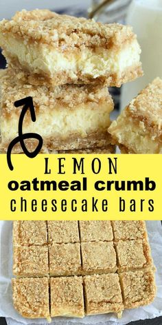 lemon oatmeal crumb cheesecake bars stacked on top of each other