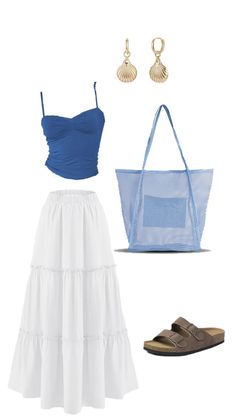 Flowy long skirt, tight blue tanktop, birkenstock dupe, seashell gold earrings, womens summer outfit aesthetic, summer aesthetic Costal Aesthetic Clothing, Costal Outfits Casual Summer, Tops To Wear With Long Skirts, Blue Tank Top Outfit Summer, Coastal Outfits Summer, Flowy Skirt Outfit Summer, Long Skirt Tight, Long Flowy Skirt Outfit, Blue Tank Top Outfit