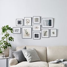 a living room filled with furniture and framed pictures on the wall above it's couch